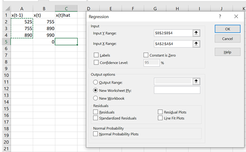 Regression Popup window showing input ranges.
