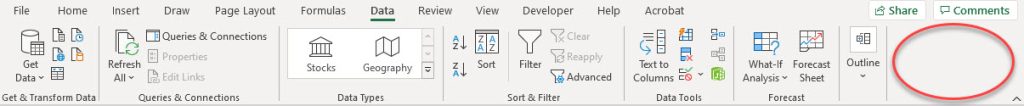 Excel Data menu ribbon without the Data Analysis option.