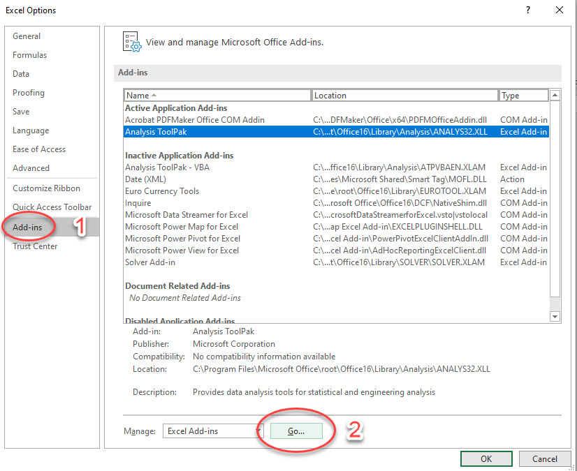 Excel Options with Add-ins menu and Manage Excel Add-ins highlighted.