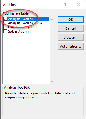 Excel Manage Add-ins popup window to enable the Analysis Toolpak.