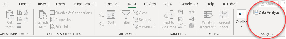 Excel Data Menu Ribbon with Data Analysis button enabled.