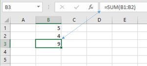 Image shows the sum of Cells B1 and B2 by using the function fx = SUM(B1:B2) in Cell B3. B1 (5) + B2 (4) = B3 (9).
