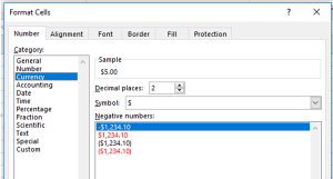 Image shows cell formatting options for Currency.