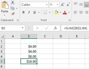 Image shows Excel worksheet with Cell B5 formatted as currency: $16.00.