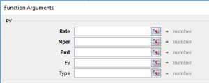 The PV function popup menu showing the arguments for Rate, Nper, Pmt, Fv, and Type.