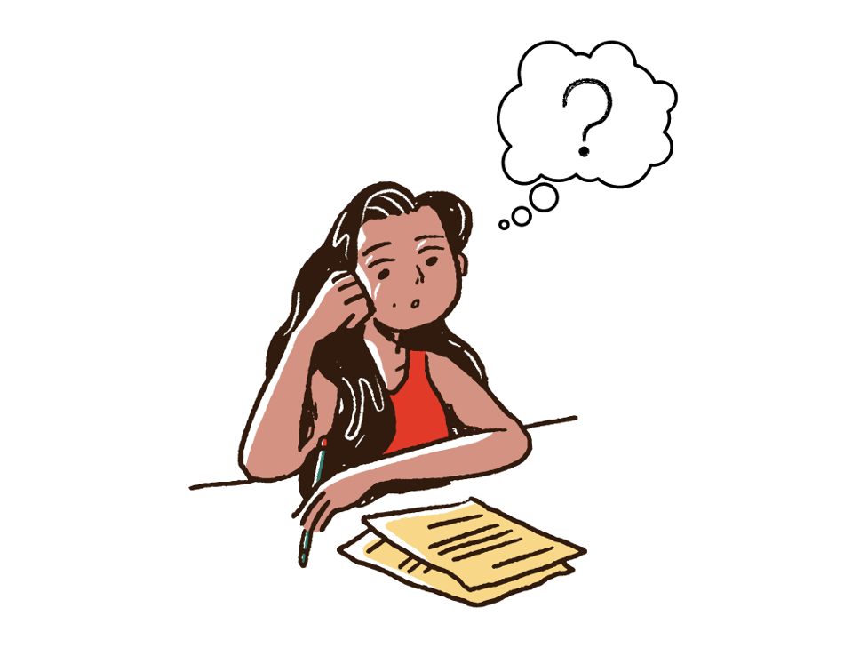 A picture of a person thinking while writing.